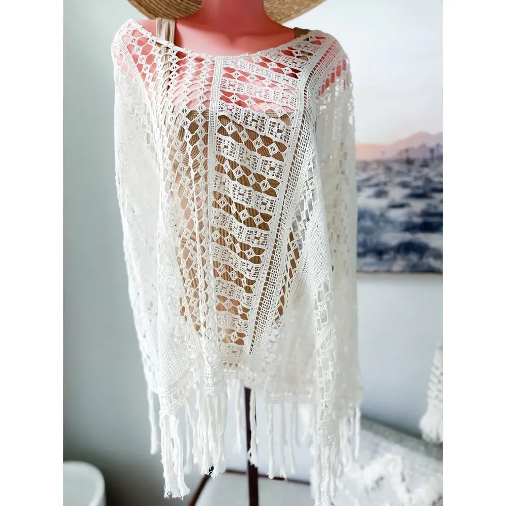 New boutique crochet knit slouchy layering fringed poncho coverup OS